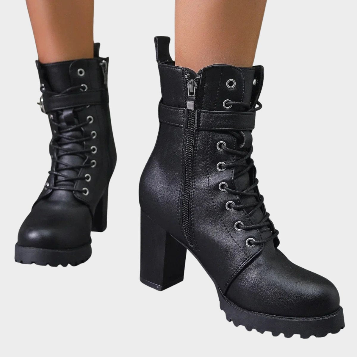 Women's Lace-Up Block-Heel Buckle Strap Combat Ankle Boots - Black