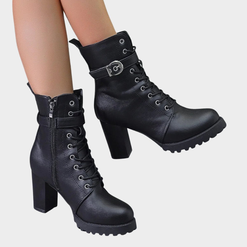 Women's Lace-Up Block-Heel Buckle Strap Combat Ankle Boots