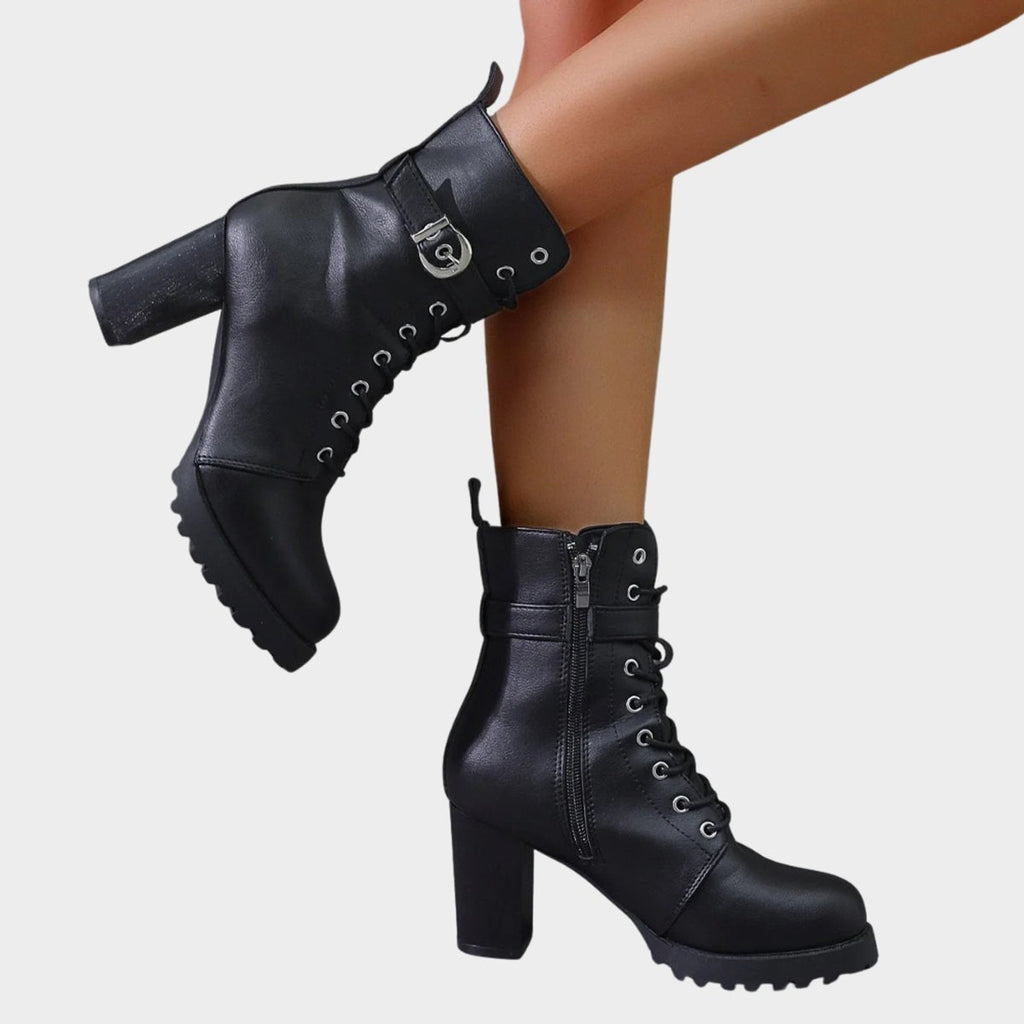 Women's Lace-Up Block-Heel Buckle Strap Combat Ankle Boots