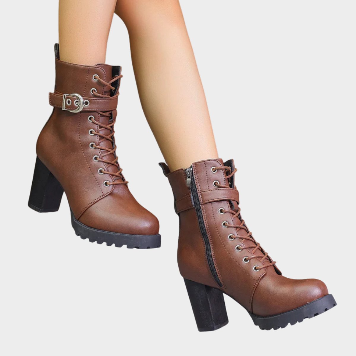Women's Lace-Up Block-Heel Buckle Strap Combat Ankle Boots