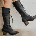 Women's Lace-Up Block Heel Knee-High Boots - Black