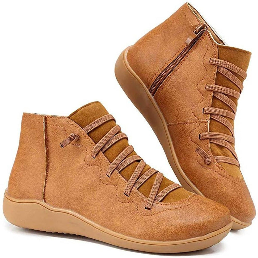 Women's Lace-Up Side-Zip Flat Ankle Knee High Boots - Brown