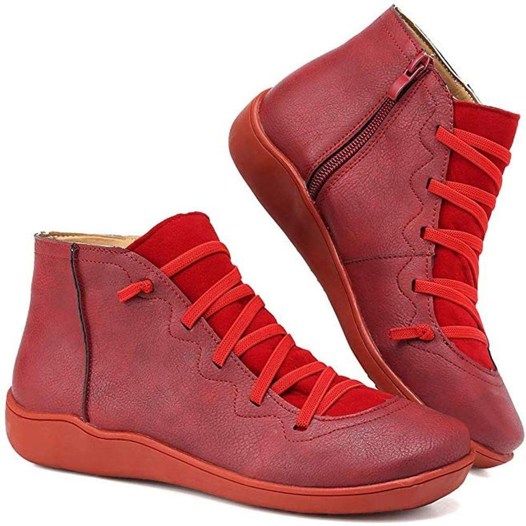 Women's Lace-Up Side-Zip Flat Ankle Knee High Boots - Red