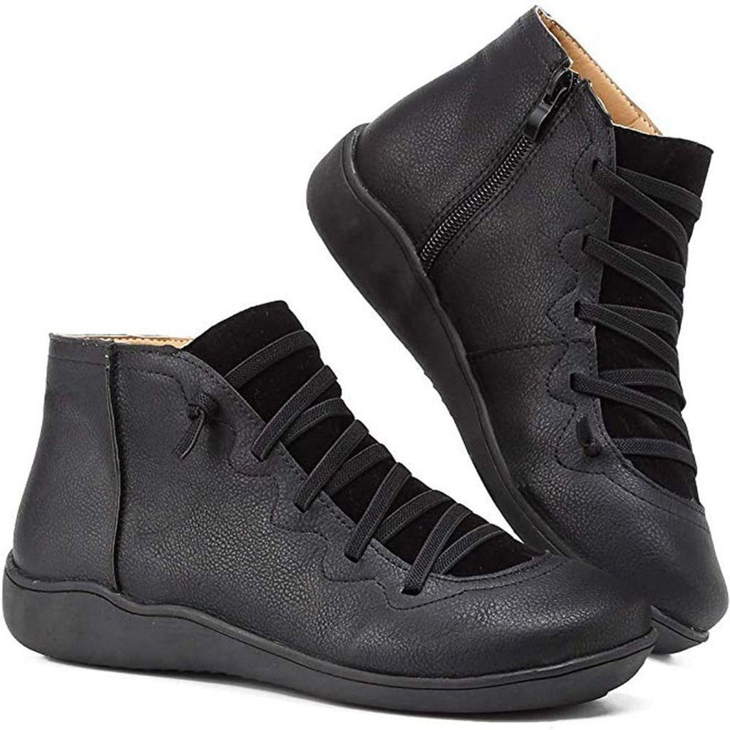 Women's Lace-Up Side-Zip Flat Ankle Knee High Boots - Black