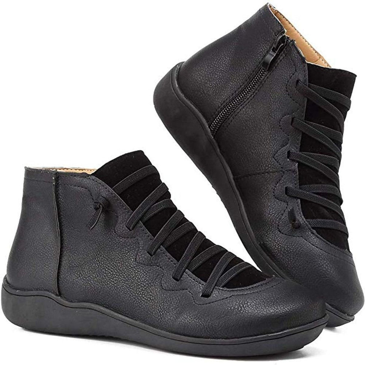 Women's Lace-Up Side-Zip Flat Ankle Knee High Boots - Black