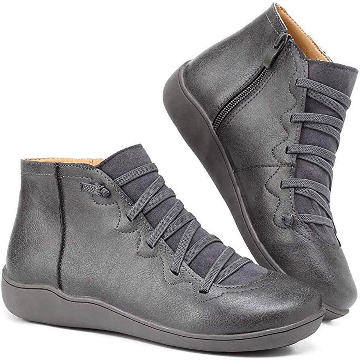 Women's Lace-Up Side-Zip Flat Ankle Knee High Boots - Gray