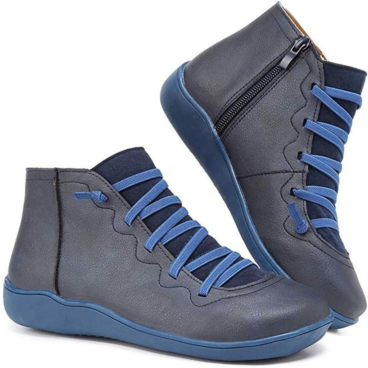 Women's Lace-Up Side-Zip Flat Ankle Knee High Boots - Blue