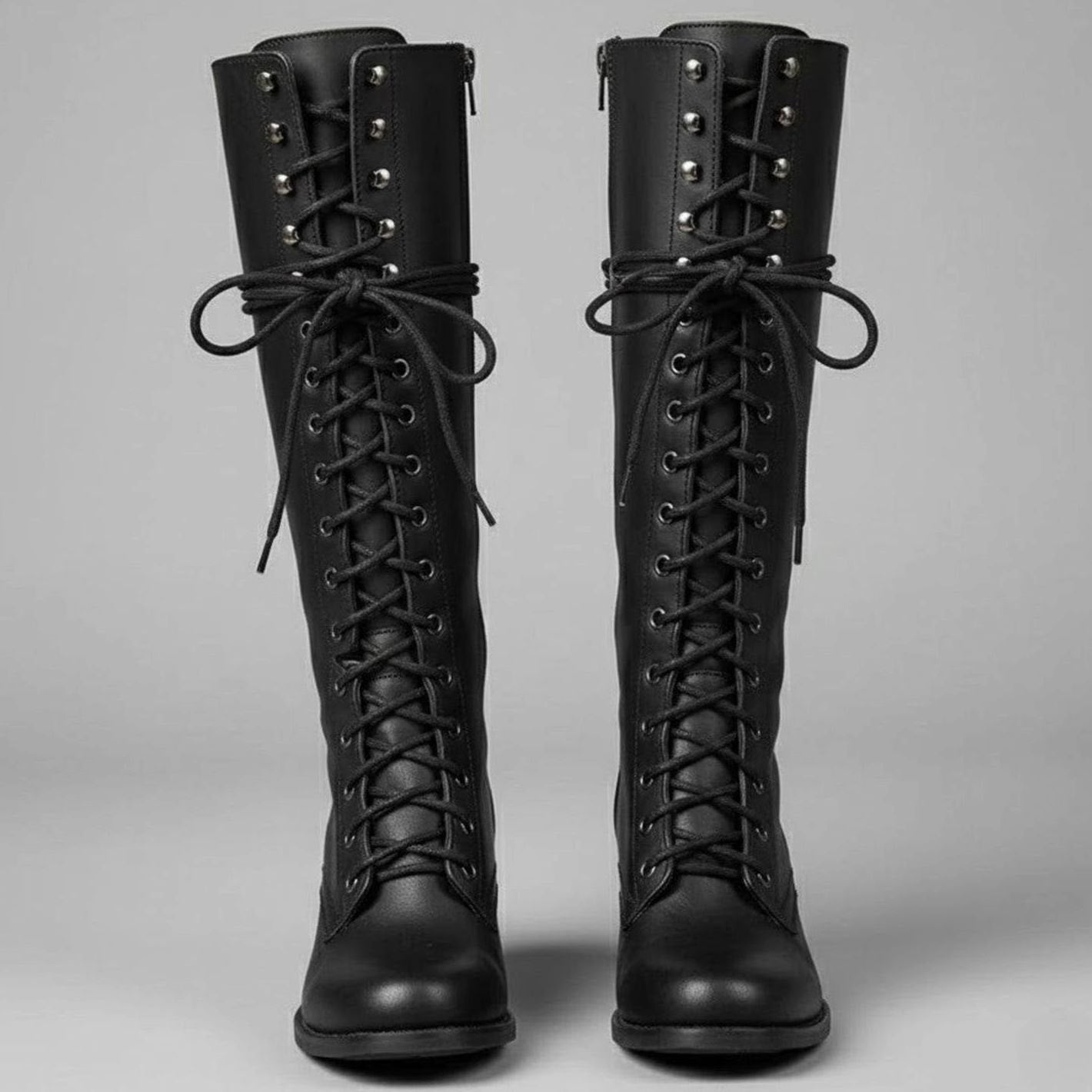Women's Lace-Up Studded Knee-High Boots Block Heel - Black