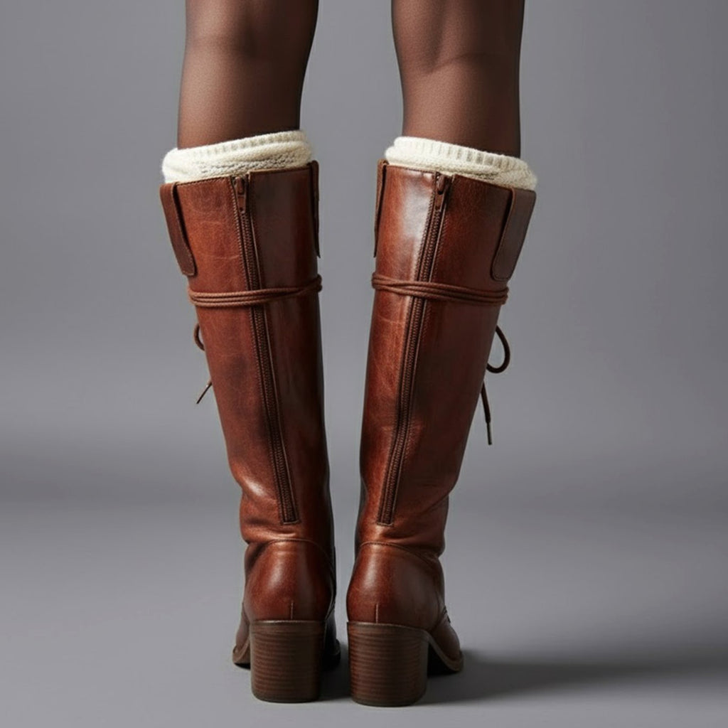 Women's Lace-Up Studded Knee-High Boots Block Heel