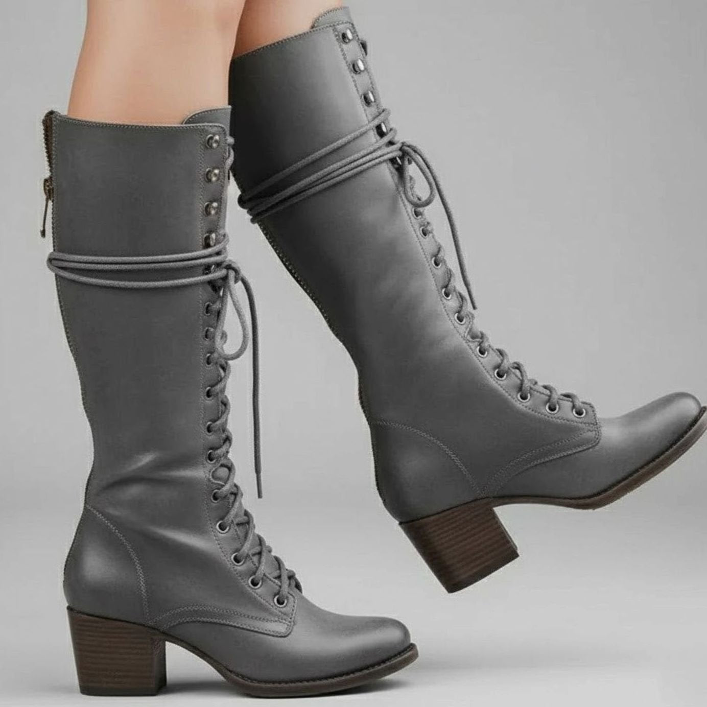 Women's Lace-Up Studded Knee-High Boots Block Heel - Grey