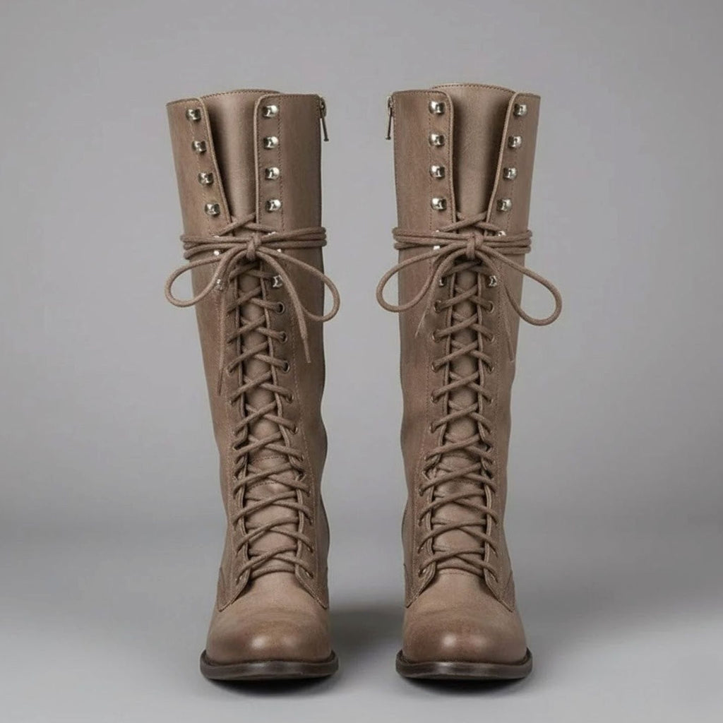 Women's Lace-Up Studded Knee-High Boots Block Heel - Khaki