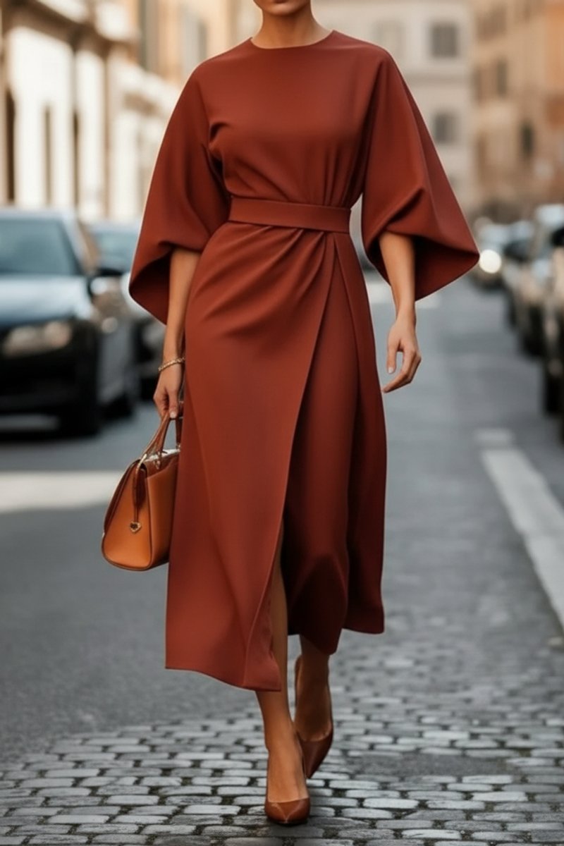 Women's Lantern-Sleeve Wrap-Front Midi Cocktail Dress - Rust Brown
