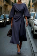 Women's Lantern-Sleeve Wrap-Front Midi Cocktail Dress - Navy Blue