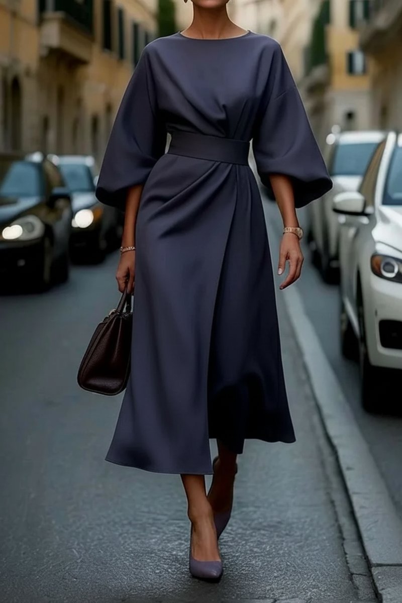Women's Lantern-Sleeve Wrap-Front Midi Cocktail Dress - Navy Blue