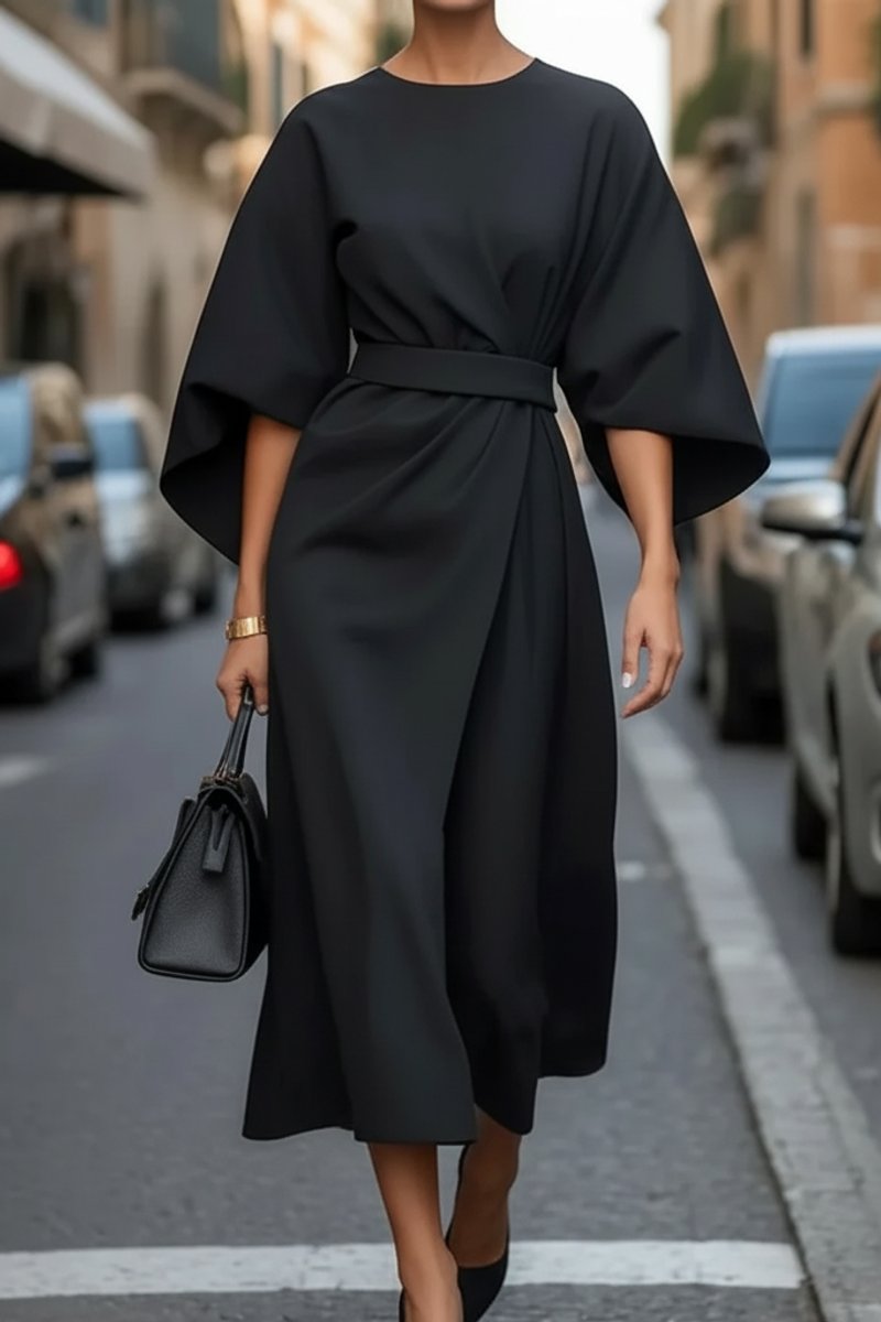 Women's Lantern-Sleeve Wrap-Front Midi Cocktail Dress - Black