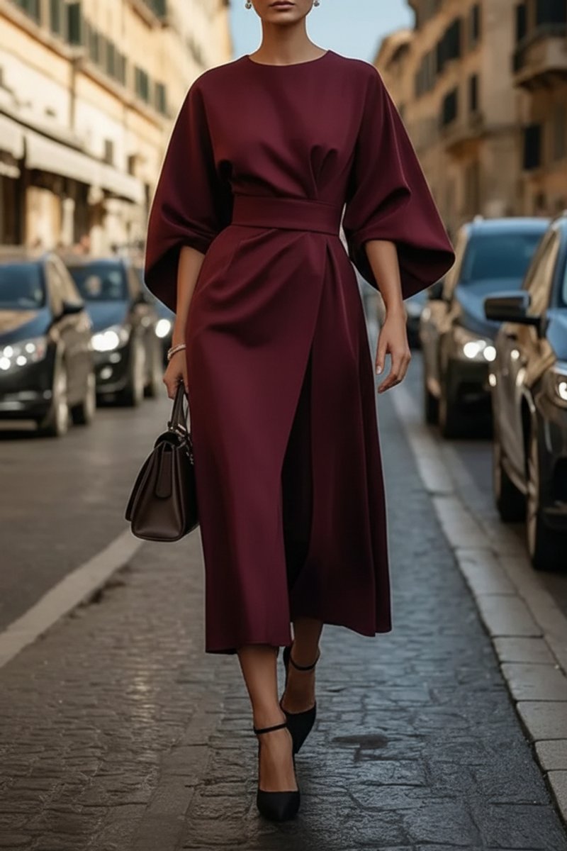 Women's Lantern-Sleeve Wrap-Front Midi Cocktail Dress - Burgundy