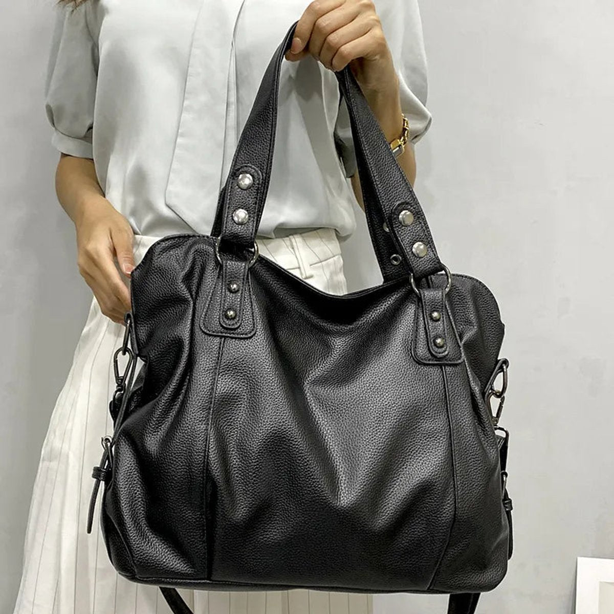 Women's Large Black Leather Shoulder Tote Bag Studded Hobo - Creme