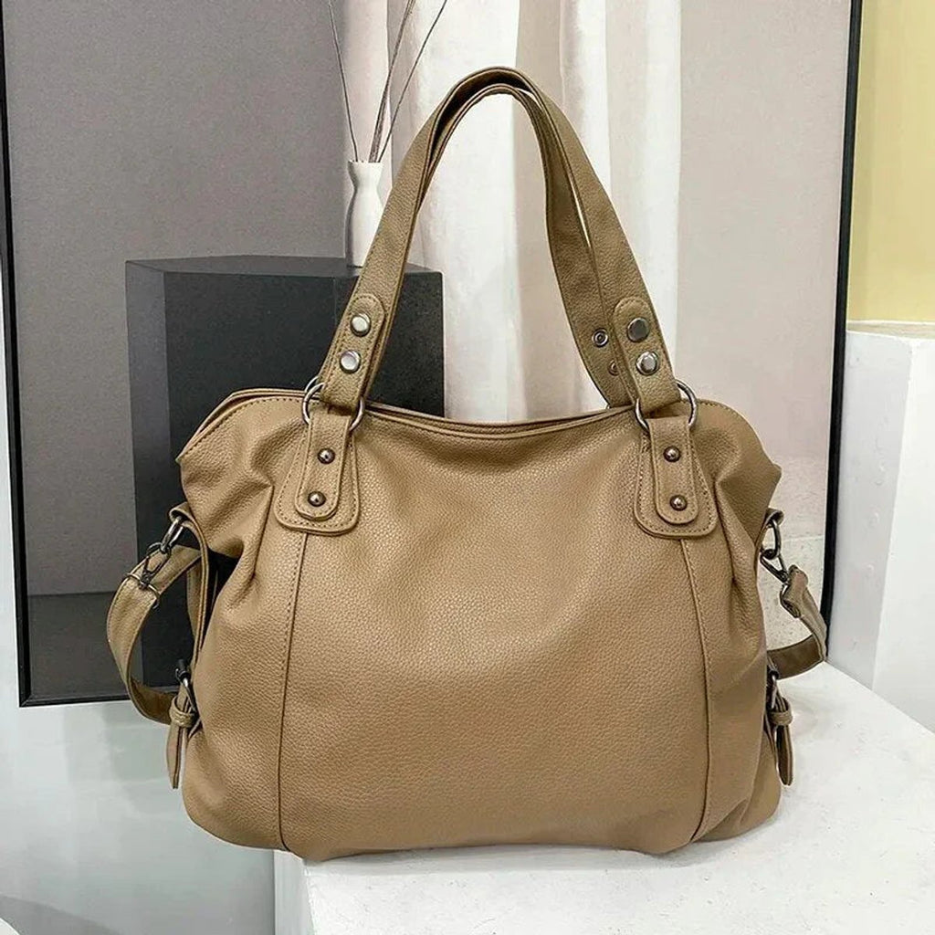 Women's Large Black Leather Shoulder Tote Bag Studded Hobo - Beige