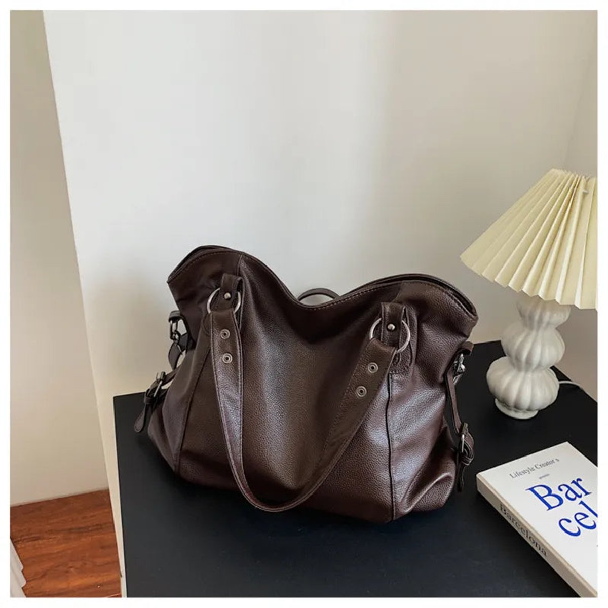 Women's Large Black Leather Shoulder Tote Bag Studded Hobo - Braun