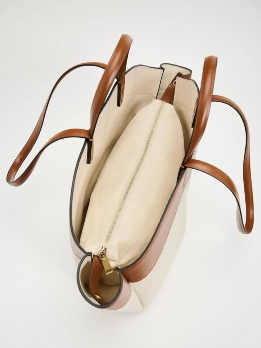 Women's Large Capacity Leather-Trim Canvas Tote Bag