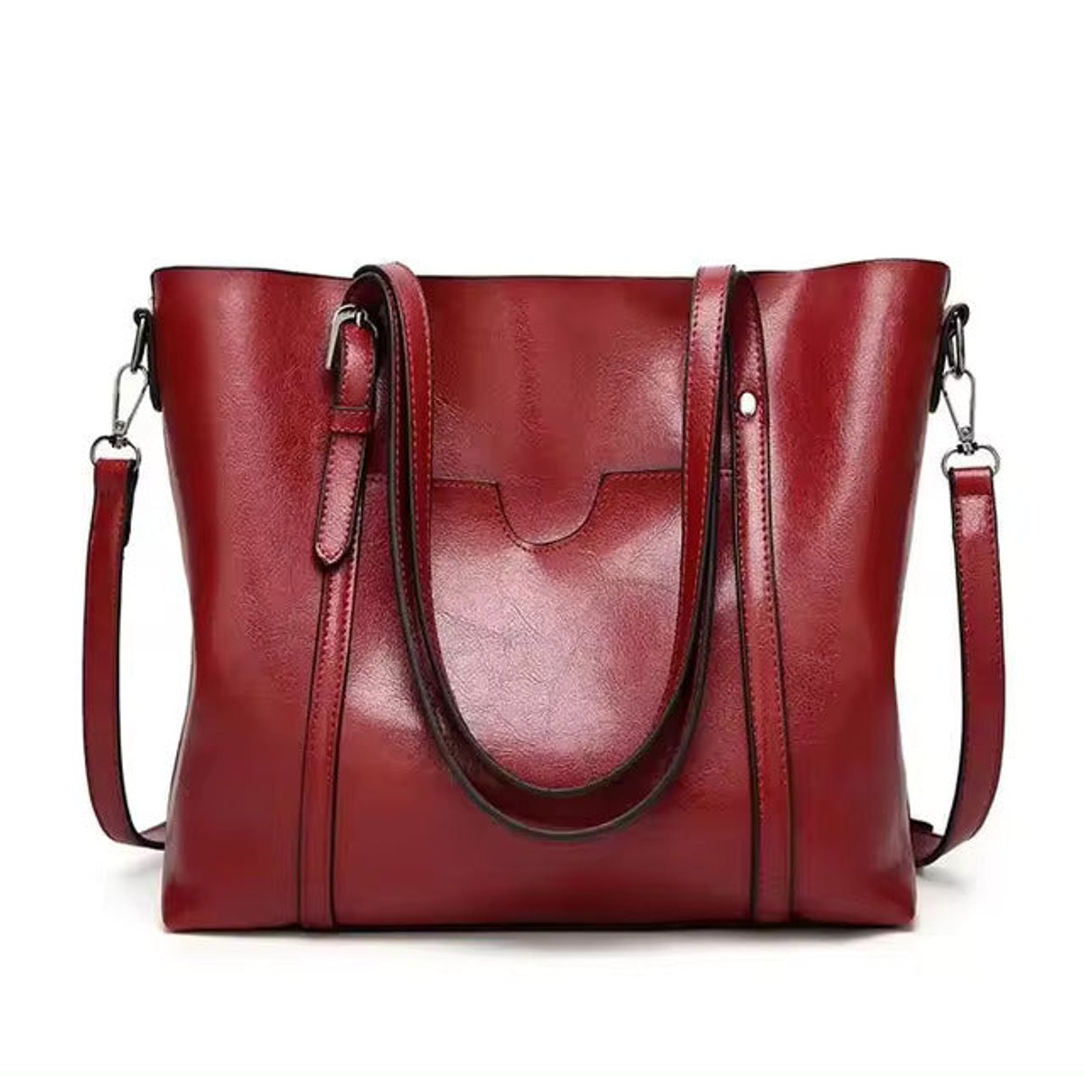 Women's Large Oil-Wax Leather Shoulder Tote Bag - Rot