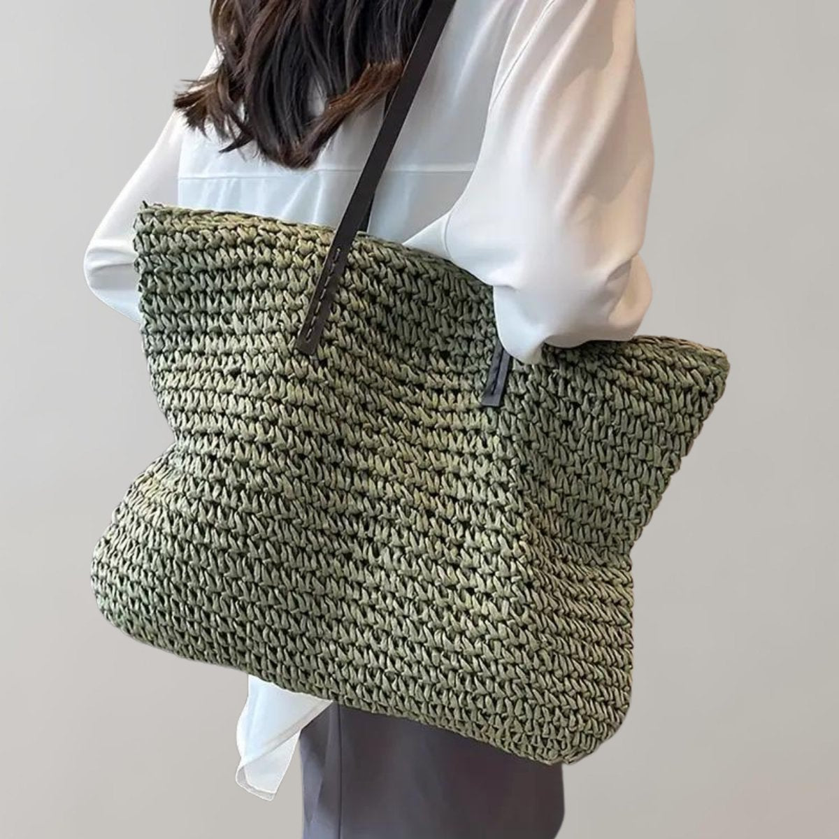 Women's Large Woven Raffia Bohemian Beach Tote Bag - Grün