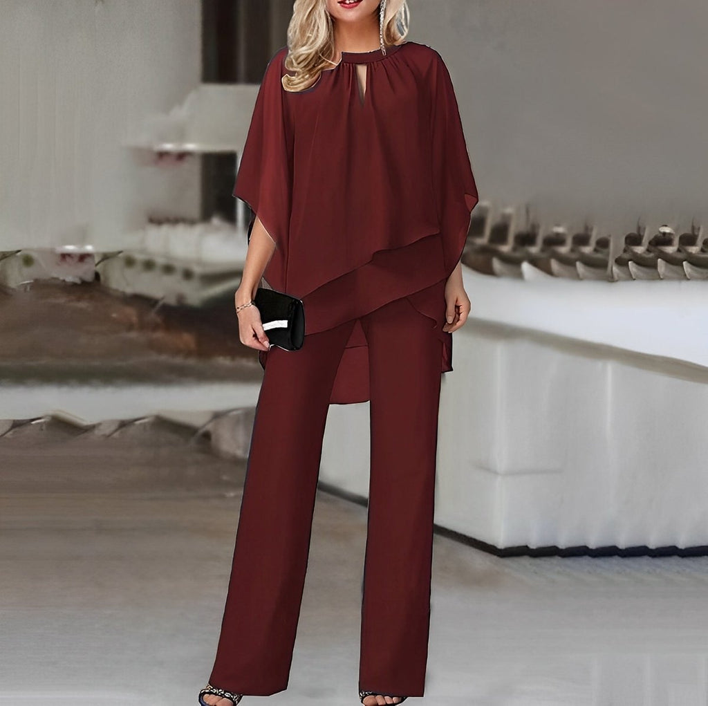 Women's Layered Chiffon Wide Leg Pants Two-Piece Set - Wine Red