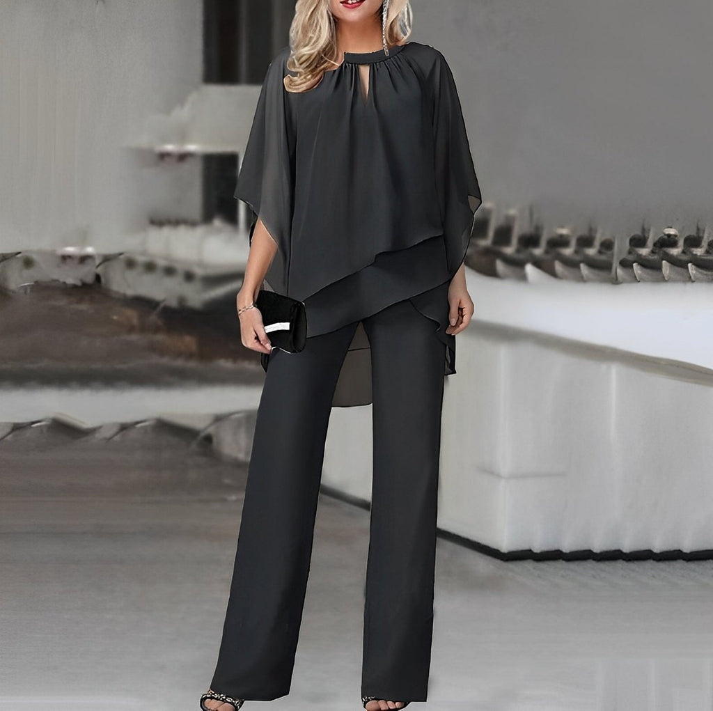 Women's Layered Chiffon Wide Leg Pants Two-Piece Set - Black