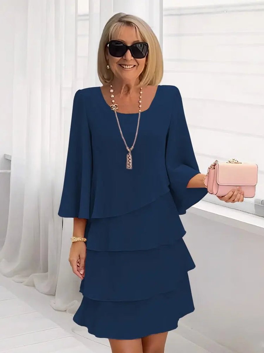 Women's Layered Ruffle Chiffon A-Line Dress - Navy Blue