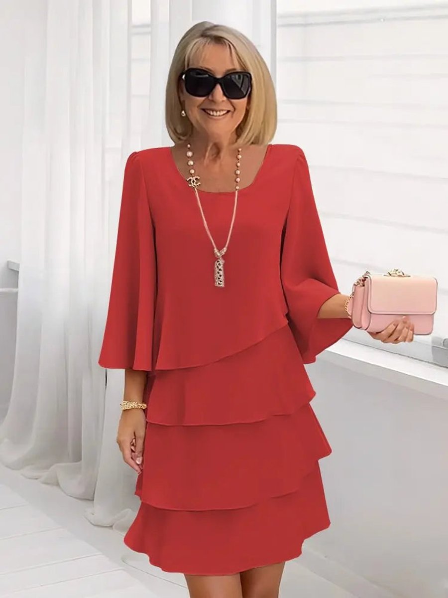 Women's Layered Ruffle Chiffon A-Line Dress - Red
