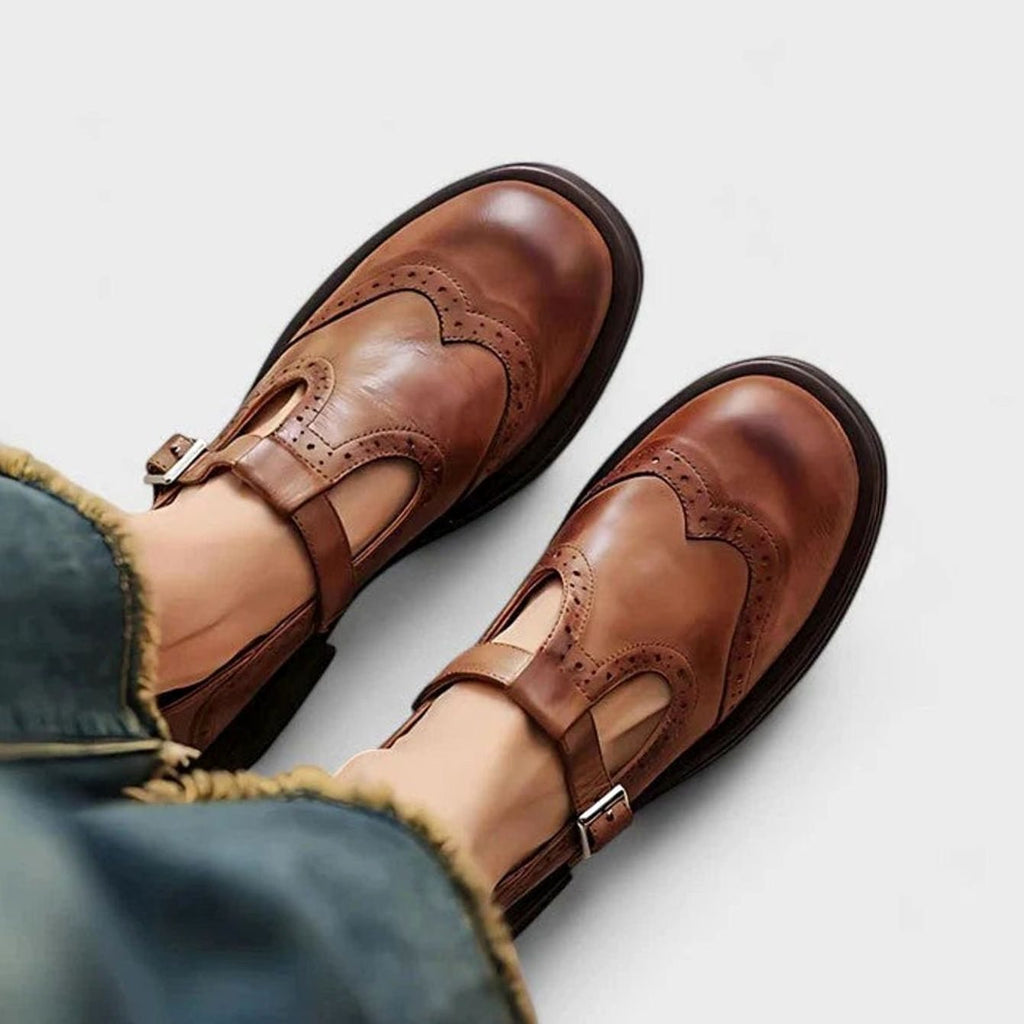 Women's Leather Brogue T-Strap Classic Boots Buckle Flats