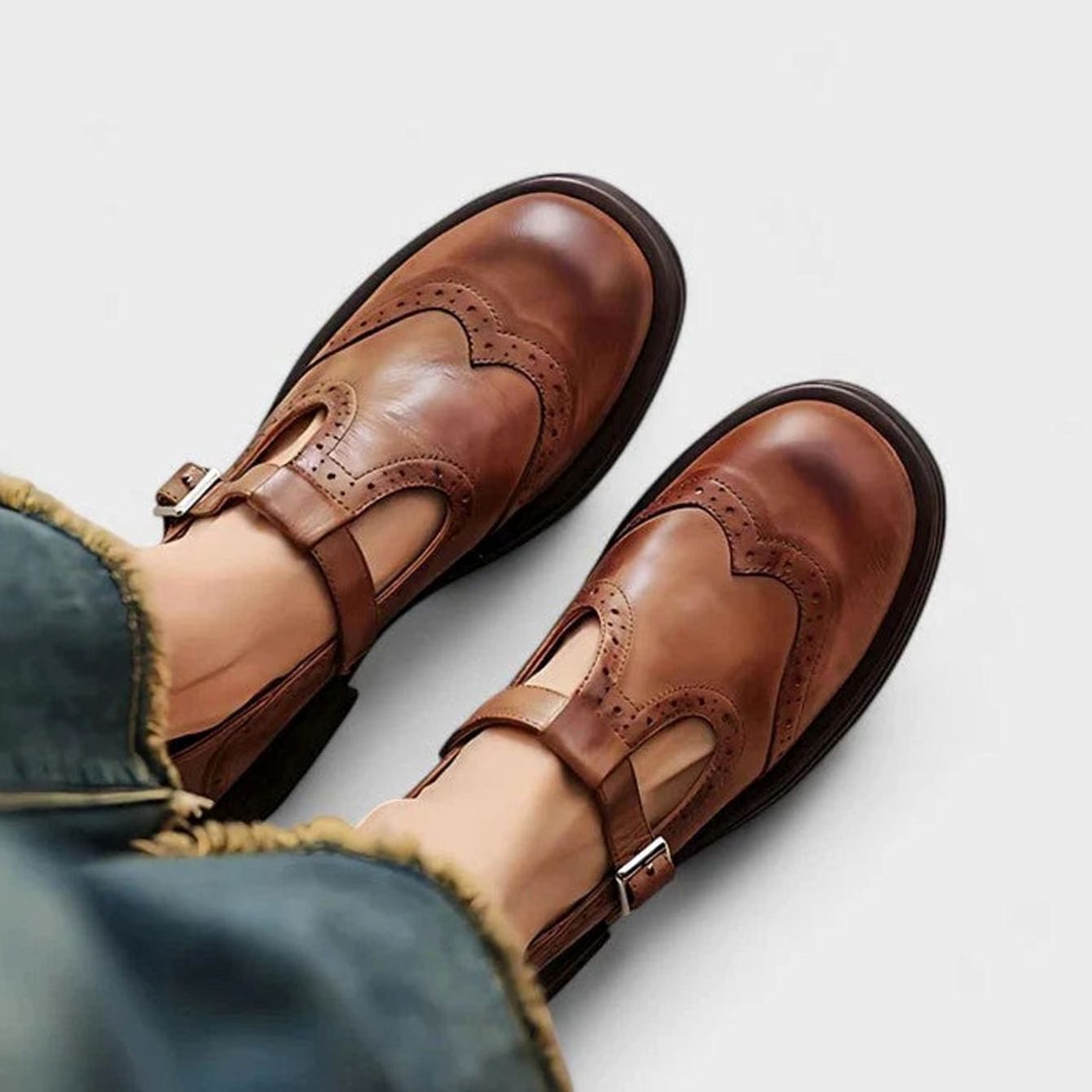 Women's Leather Brogue T-Strap Classic Boots Buckle Flats