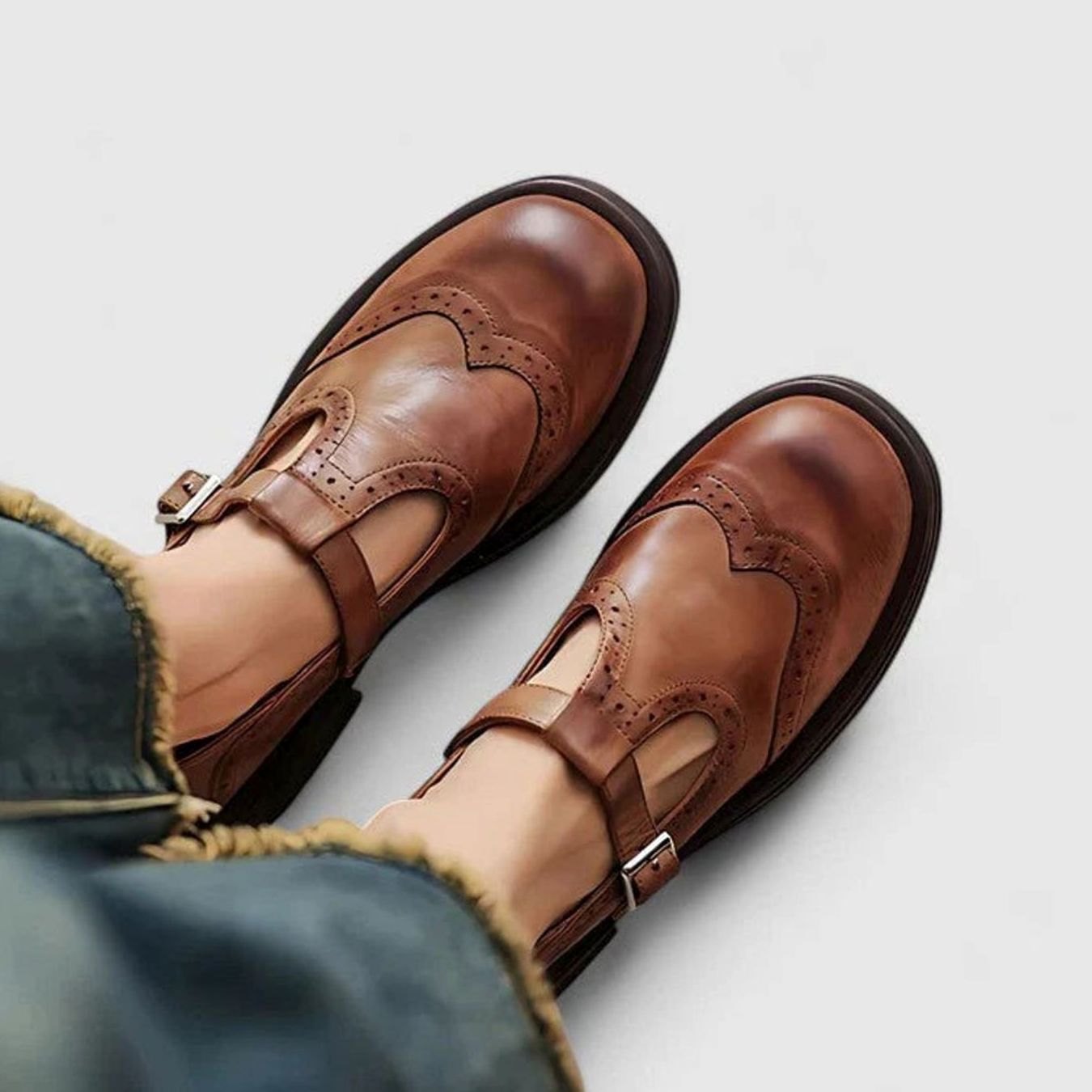 Women's Leather Brogue T-Strap Classic Boots Buckle Flats - Brown
