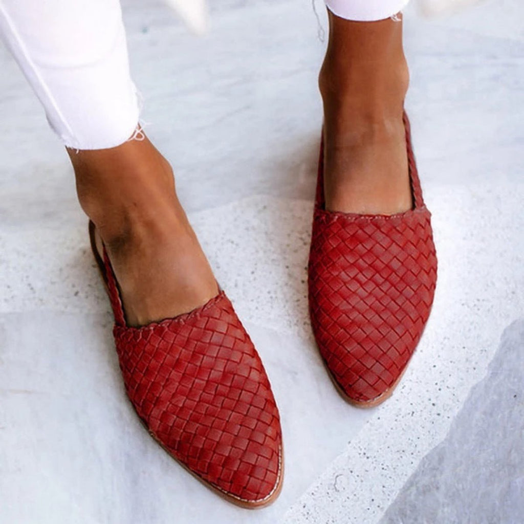Women's Leather Woven Pointed-Toe Slingback Comfortable Sandals - Red