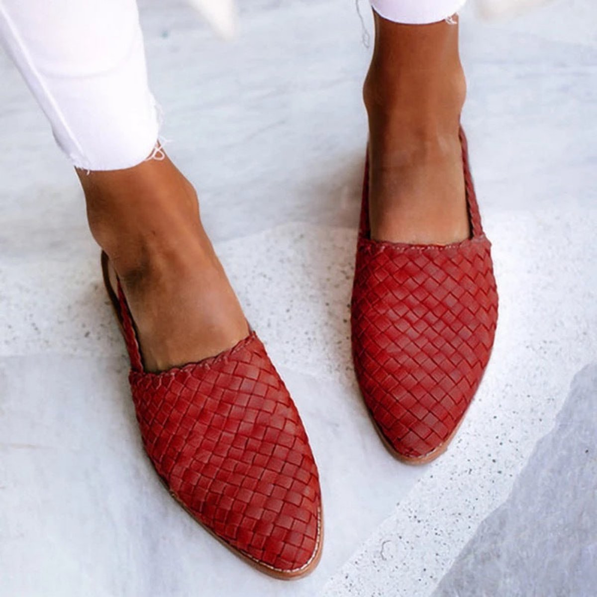 Women's Leather Woven Pointed-Toe Slingback Comfortable Sandals - Red
