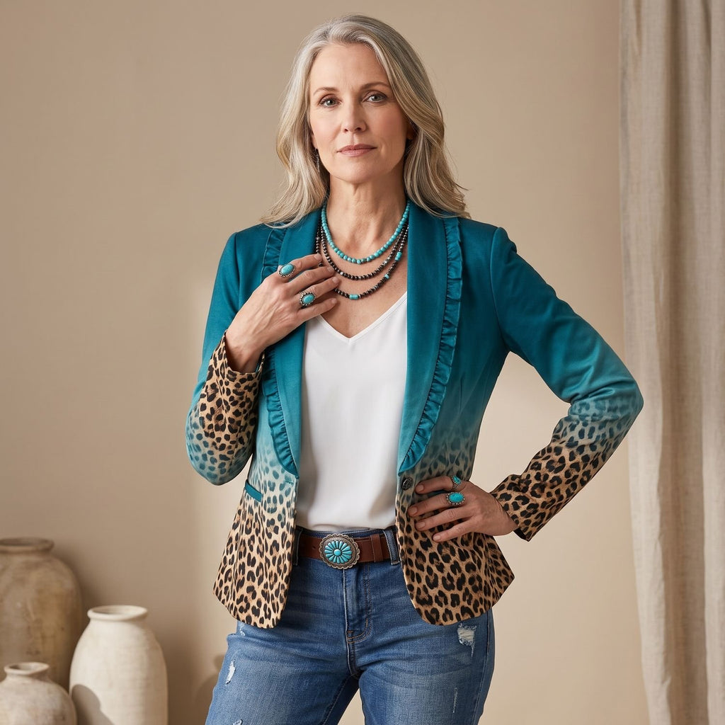 Women's Leopard Ombre Ruffle-Trim Double-Breasted Blazer Jacket