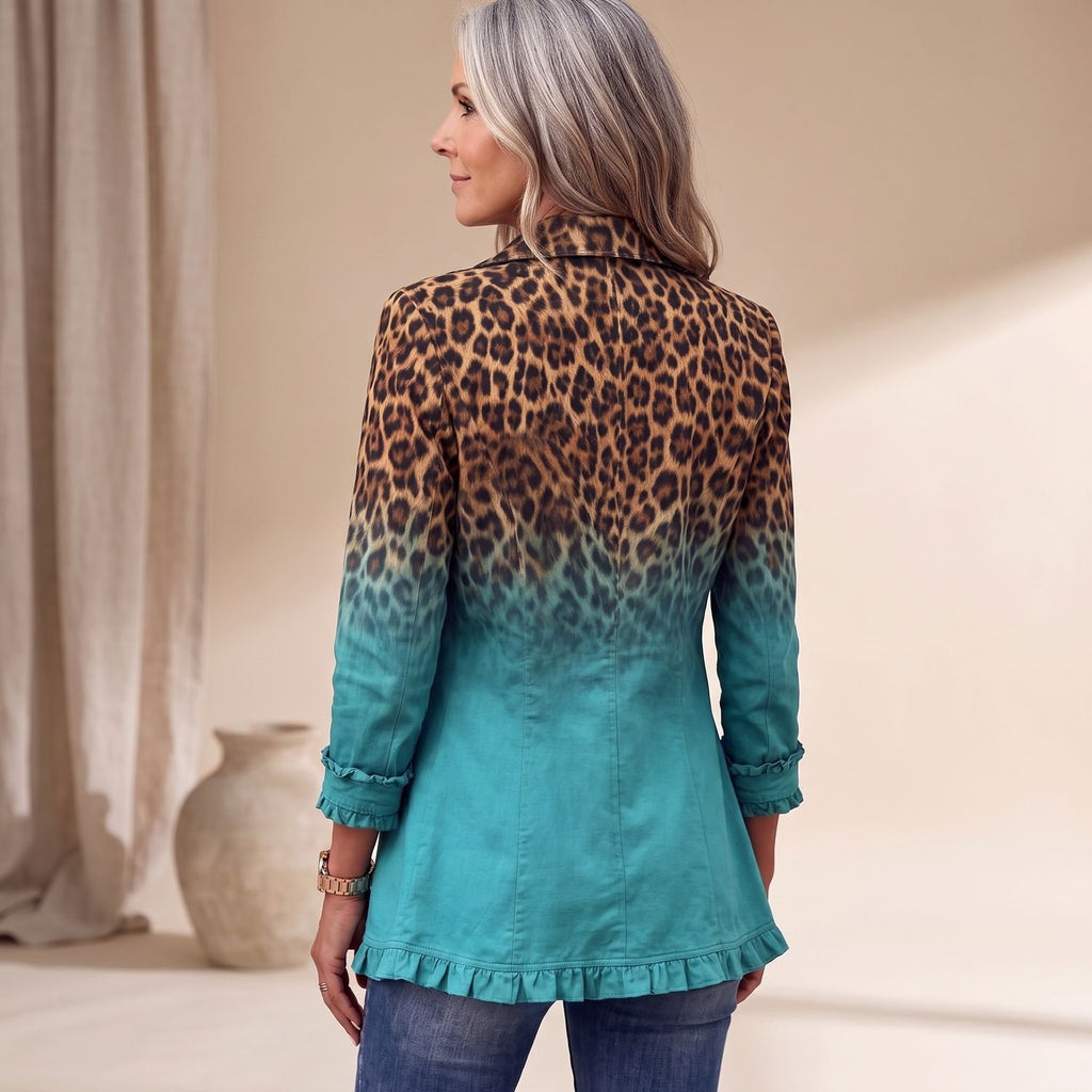 Women's Leopard Ombre Ruffle-Trim Double-Breasted Blazer Jacket