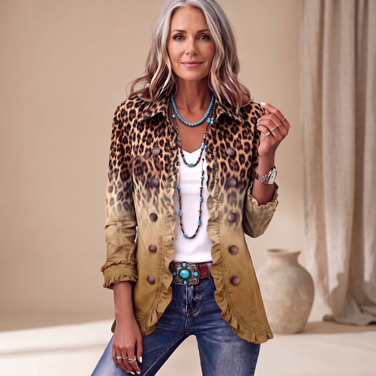 Women's Leopard Ombre Ruffle-Trim Double-Breasted Blazer Jacket - Ochre