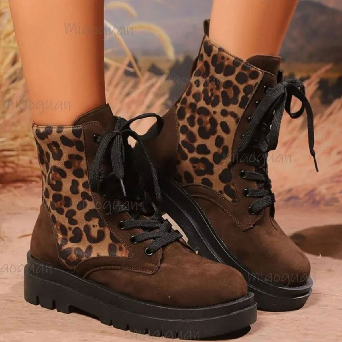 Women's Leopard Print Faux Suede Lace-Up Ankle Boots