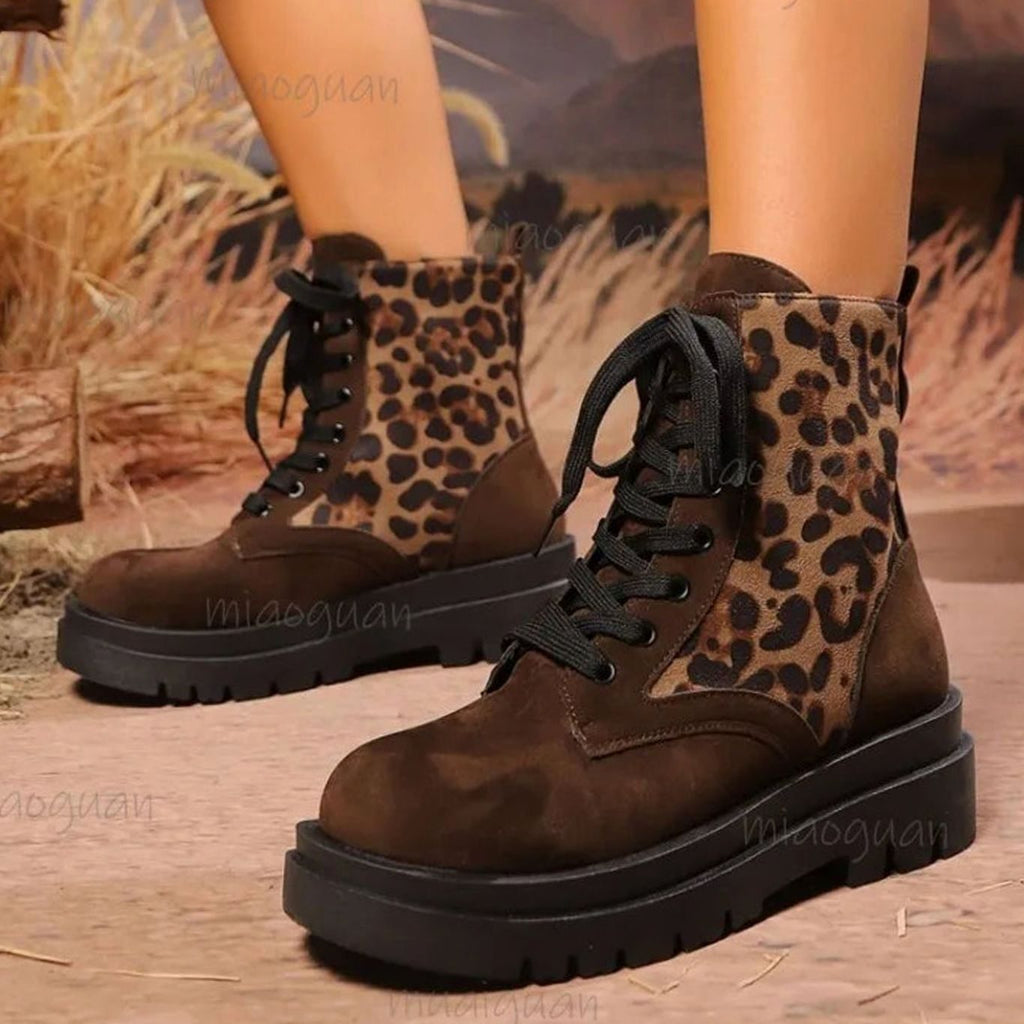 Women's Leopard Print Faux Suede Lace-Up Ankle Boots - Dark Brown