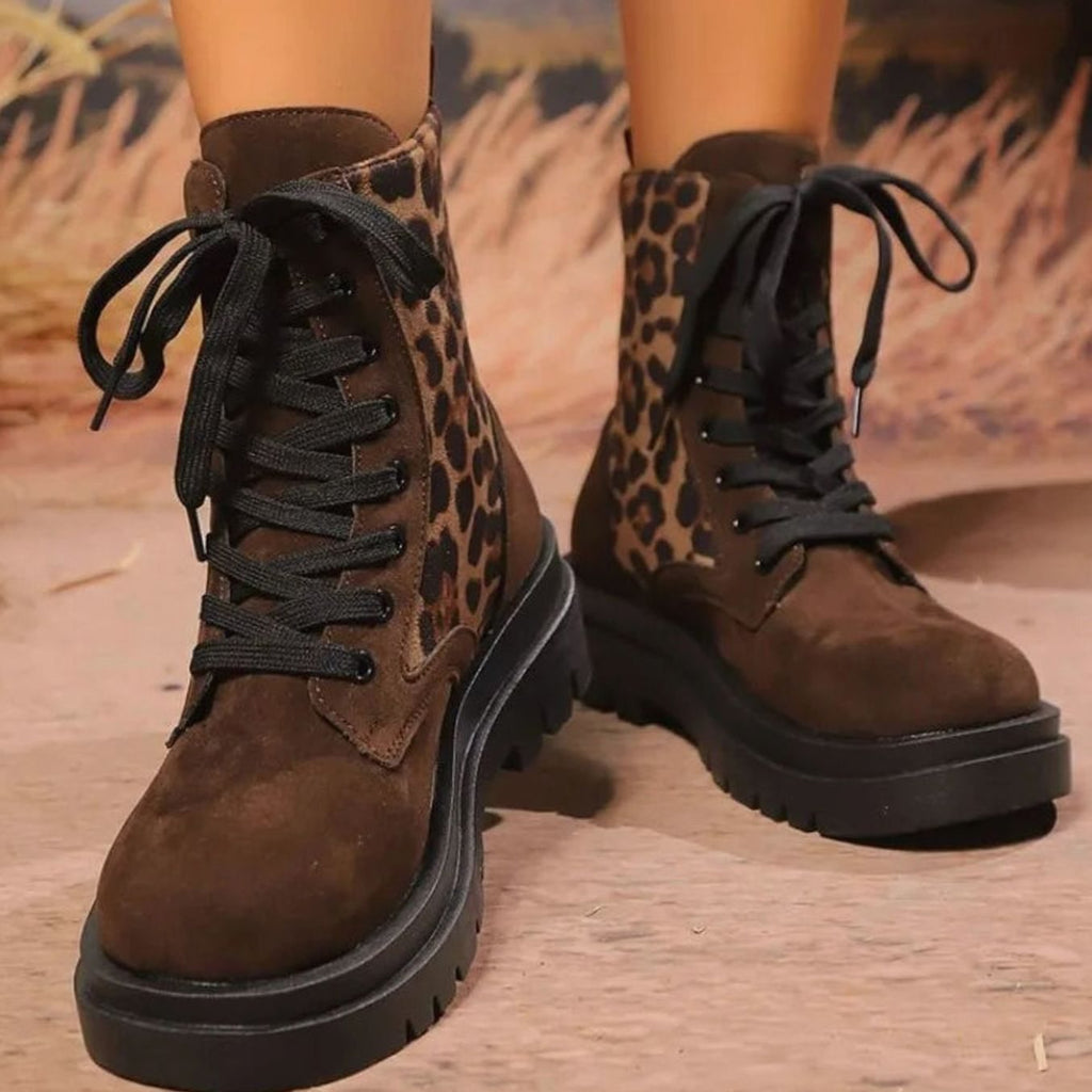 Women's Leopard Print Faux Suede Lace-Up Ankle Boots