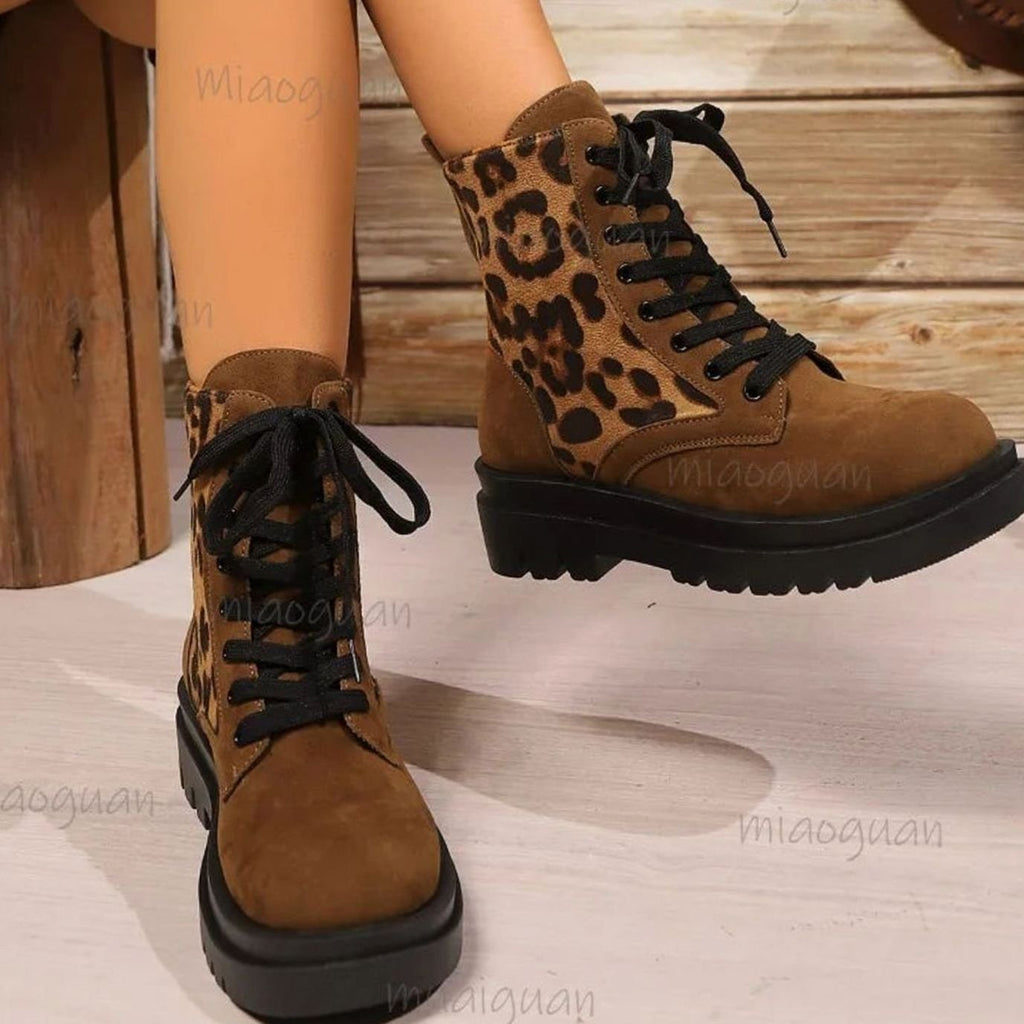 Women's Leopard Print Faux Suede Lace-Up Ankle Boots