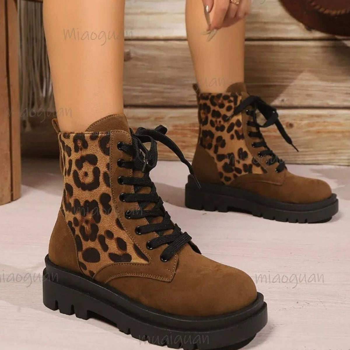 Women's Leopard Print Faux Suede Lace-Up Ankle Boots - Brown