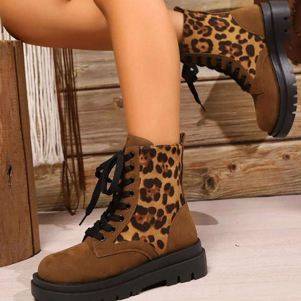 Women's Leopard Print Faux Suede Lace-Up Ankle Boots