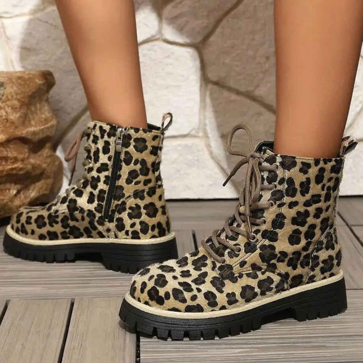 Women's Leopard Print Lace-Up Ankle Boots Chunky Sole