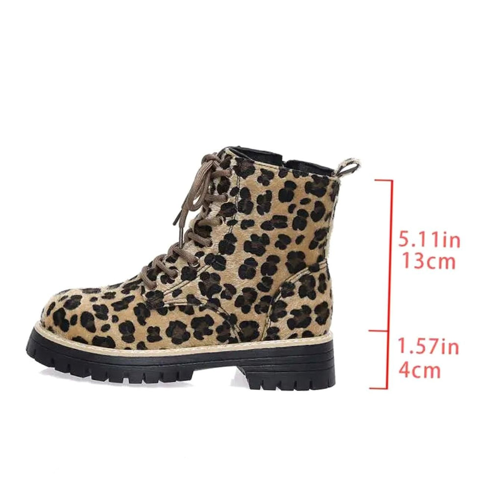 Women's Leopard Print Lace-Up Ankle Boots Chunky Sole
