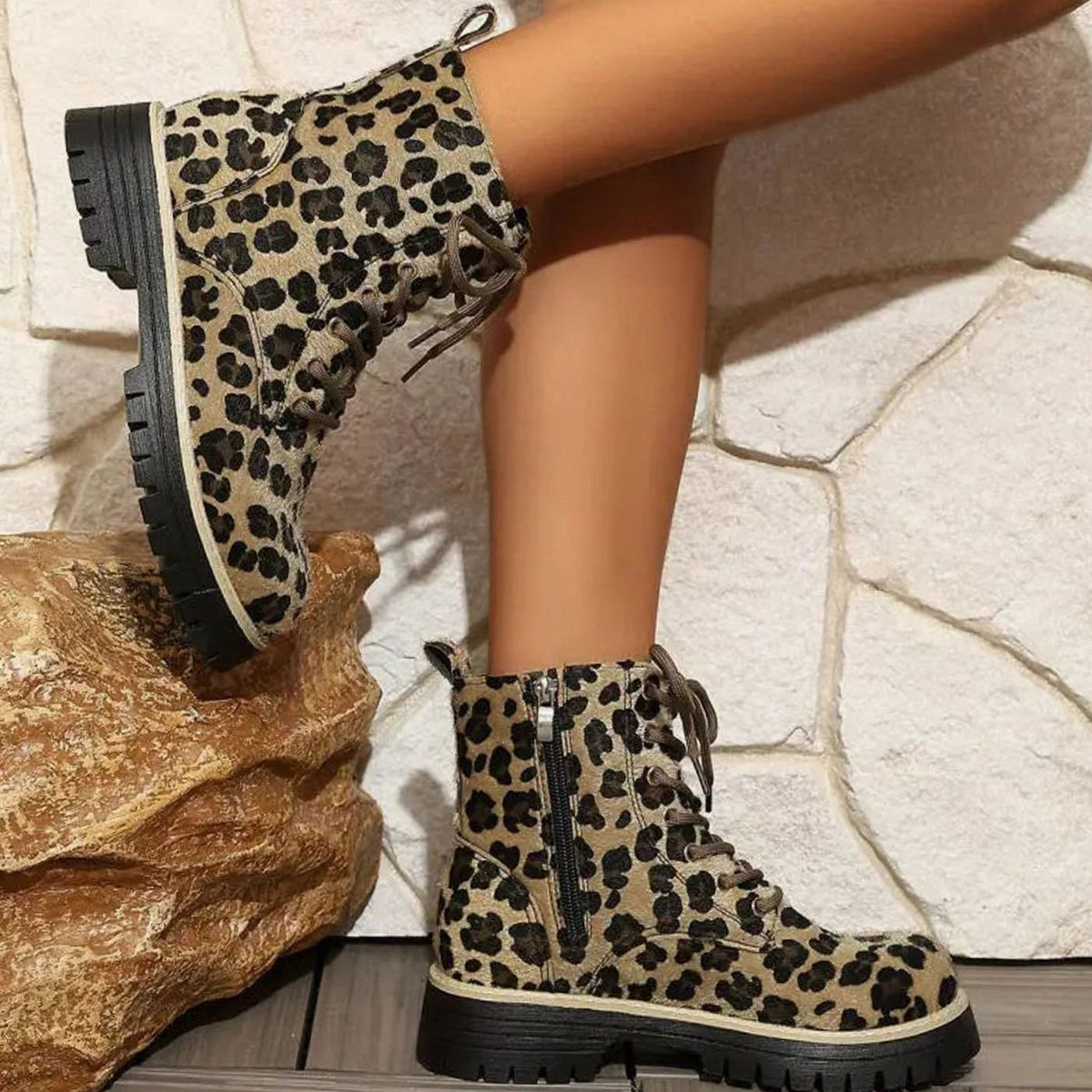 Women's Leopard Print Lace-Up Ankle Boots Chunky Sole