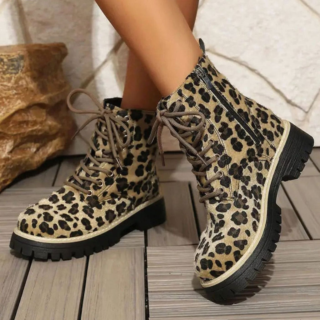 Women's Leopard Print Lace-Up Ankle Boots Chunky Sole