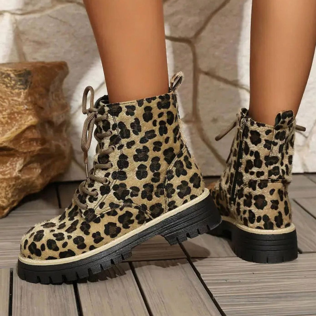 Women's Leopard Print Lace-Up Ankle Boots Chunky Sole