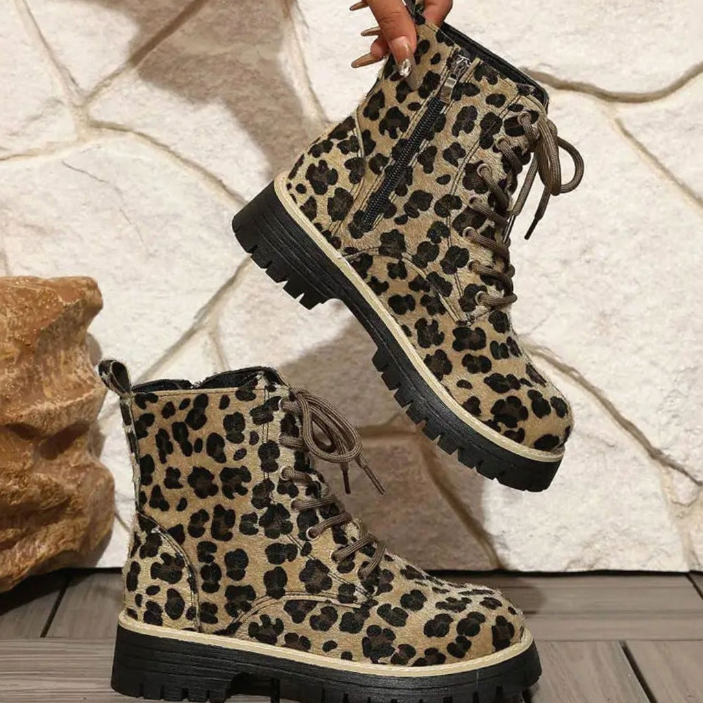 Women's Leopard Print Lace-Up Ankle Boots Chunky Sole